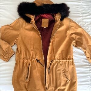 Tan Parka Jacket with Faux Fur Trim